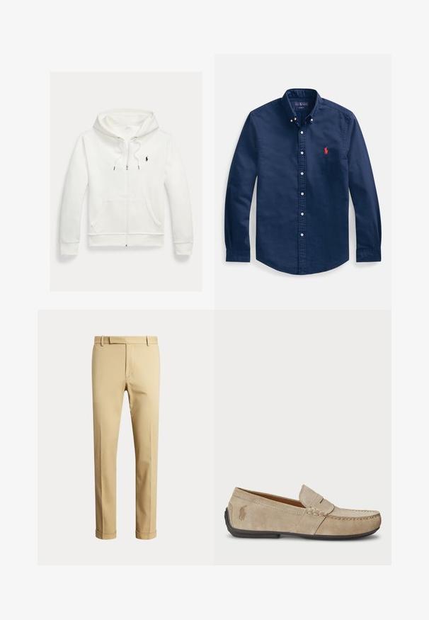 Hvid zip-up hættetrøje med forlommer og lille sort Polo Ralph Lauren logo på venstre bryst.; Marineblå skjorte med knapper lavet af bomuld, med spidst krave, lange ærmer og et lille rødt broderet logo på brystet.; Beige bukser med lige ben, bæltestropper, frontlynlås og opbukket kant, vist mod en ensartet lys baggrund.; Beige ruskindsloafers med syninger, flad gummisål og et lille logo på siden. Klassisk slip-on design, blød tekstur.