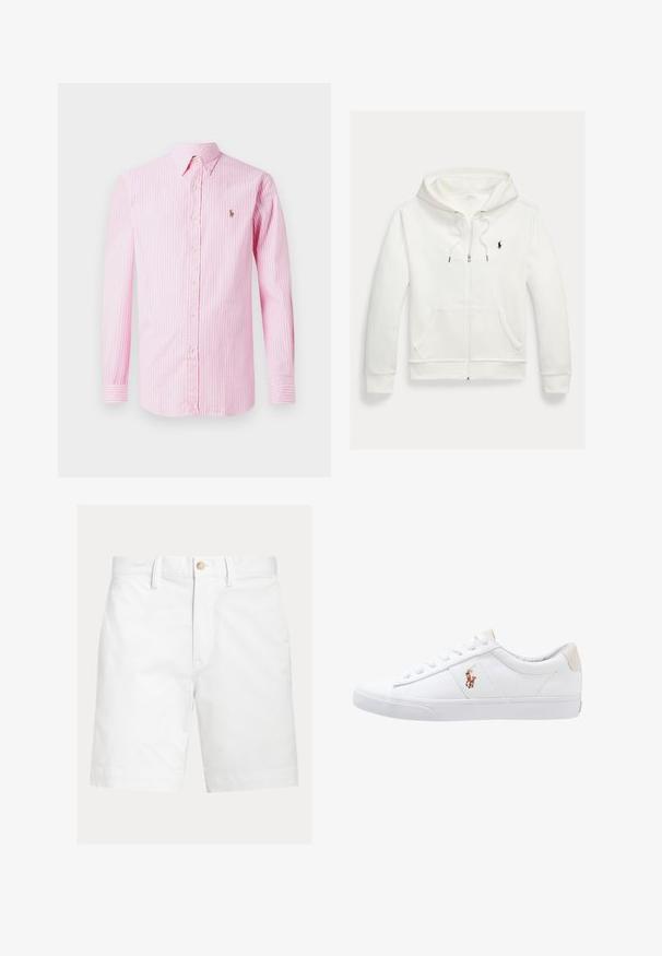 Biela mikina na zips s kapucňou, s prednými vreckami a malým čiernym logom Polo Ralph Lauren na ľavej strane hrudníka.; Ružová a biela prúžkovaná košeľa s dlhým rukávom a zapínaním na gombíky, s malým logom na ľavej hrudi. Vyrobená z ľahkého materiálu.; Biele šortky po kolená s pútkami na opasok a hnedým gombíkom na zapínanie v páse, zobrazené na jednoduchom pozadí.; Biele plátenné tenisky s nízkym strihom, ktoré majú béžový opasok na päte a malé vyšívané logo na boku. Gumová podrážka.