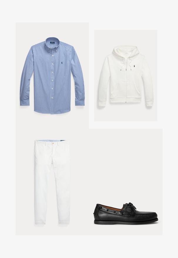 Witte capuchontrui met rits, frontzakken en een klein zwart Polo Ralph Lauren-logo op de linkerborst.; Blauw-wit verticaal gestreept overhemd met lange mouwen, knopen, kraag en klein geborduurd logo op de linkerborst.; Witte katoenen chino's met een slim fit, voorzien van een enkele gouden knoopsluiting en een lichtblauwe binnenband. Gladde textuur zonder patronen.; Zwarte leren mocassin met veterdetail en lage rubberen zool, zijaanzicht op een eenvoudige lichte achtergrond.