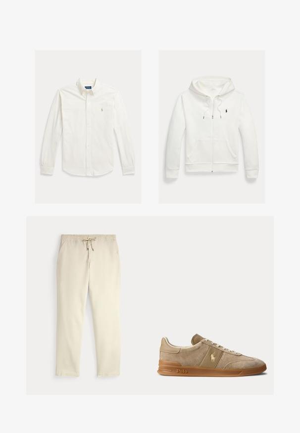 Sudadera blanca con capucha y cremallera, con bolsillos delanteros y pequeño logo negro de Polo Ralph Lauren en el pecho izquierdo.; Camisa blanca de manga larga con botones y cuello, con el logo de Polo Ralph Lauren bordado en el pecho izquierdo.; Pantalones casuales color blanco roto con cinturilla elástica y cordón, piernas rectas y bolsillos laterales sobre un fondo liso.; Zapatilla beige de ante y cuero con suela de goma, cordones blancos y logo Polo en el lateral y la suela.