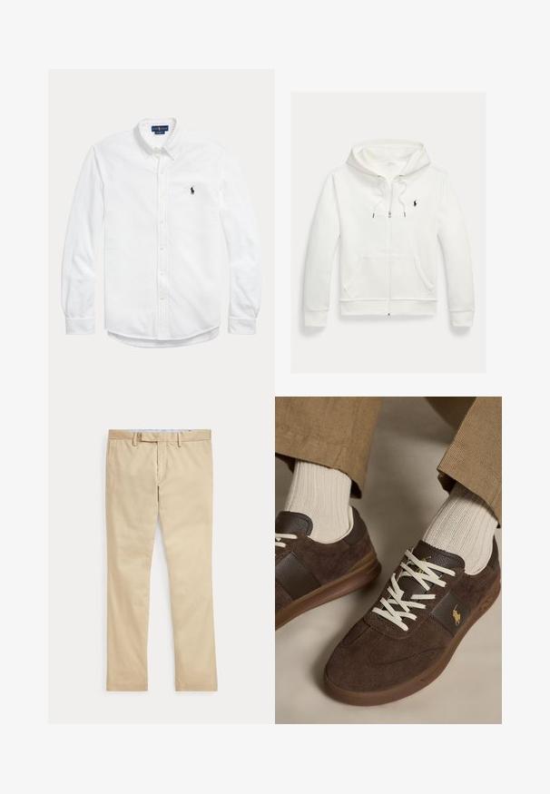 Biela mikina na zips s kapucňou, s prednými vreckami a malým čiernym logom Polo Ralph Lauren na ľavej strane hrudníka.; Biela košeľa s dlhým rukávom na gombíky, golierom na gombíky a malým tmavým logom Polo Ralph Lauren na ľavej strane hrudníka.; Béžové nohavice s rovnými nohavicami, s pútkami na opasok a predným zipsom, položené na bielom pozadí.; Hnedé semišové tenisky s bielymi šnúrkami nosené s béžovými rebrovanými ponožkami a svetlohnedými nohavicami.