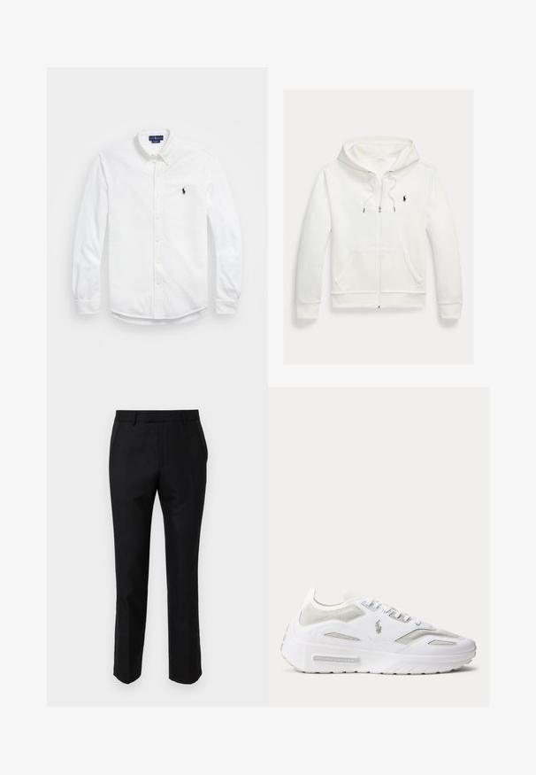 Valge lukuga kapuutsiga dressipluus esistaskute ja vasakul rinnal oleva väikese musta Polo Ralph Laureni logoga.; Valge pika käisega nööbiga särk, millel on kaelus, sisaldab väikest tumesinist broderitud logo. Puuvillane kangas sujuva tekstuuriga.; Mustad ülikonna püksid, mis on slim fit lõikega, küljetaskutega ja sileda tekstuuriga. Servad on viimistletud puhta servaga.; Valge Ralph Laureni toss võrgu ja nahast detailide, paksu tallaga ning logoga külje peal, näidatud profiililt ühtlasel taustal.