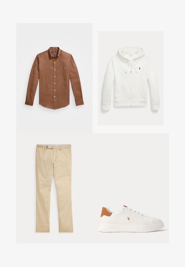 Sudadera blanca con capucha y cremallera, con bolsillos delanteros y pequeño logo negro de Polo Ralph Lauren en el pecho izquierdo.; Camisa de manga larga marrón de botones hecha de lino, con un cuello clásico, botones en la parte delantera y un pequeño logo azul en el pecho.; Polo Ralph Lauren FLAT PANT - Pantalones - sand; Zapatilla blanca de caña baja con lengüeta trasera en color marrón claro, cordones blancos y un pequeño logo bordado de jugador de polo en el lateral sobre una suela gruesa.