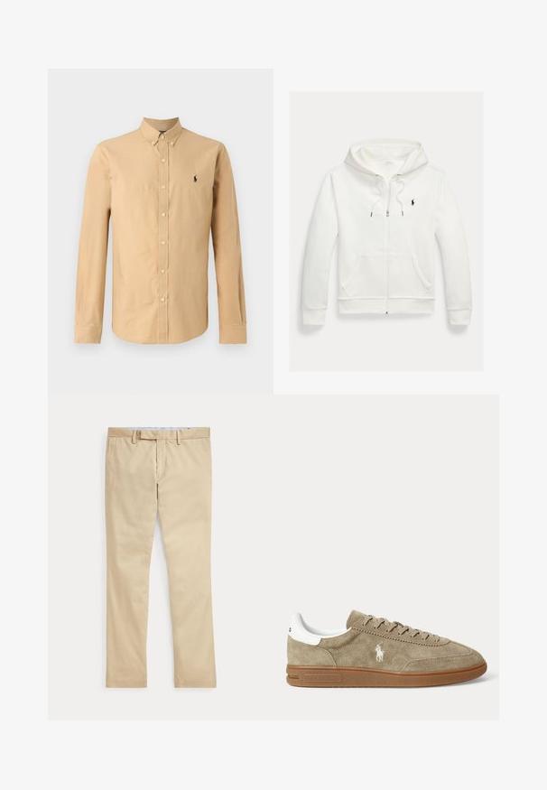 Biela mikina na zips s kapucňou, s prednými vreckami a malým čiernym logom Polo Ralph Lauren na ľavej strane hrudníka.; Košela s dlhým rukávom v svetlo béžovej farbe z bavlny. Má špicatý golier a malé čierne logo na ľavej strane hrudníka. Hladká textúra.; Béžové nohavice s rovnými nohavicami, s pútkami na opasok a predným zipsom, položené na bielom pozadí.; Nízkoprofilová béžová semišová teniska s hnedou podrážkou, bielym detailom na päte, šnúrkami a bielym vyšívaným logom hráča póla na boku.