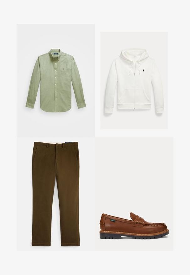 Weißes Kapuzen-Sweatshirt mit Reißverschluss, Fronttaschen und kleinem schwarzem Polo Ralph Lauren Logo auf der linken Brust.; Hellgrünes Langarmhemd mit Knopfleiste, das einen spitzen Kragen, ein kleines gesticktes Logo auf der Brust und Perlenknöpfe aufweist.; Braune Baumwoll-Chinos mit glattem Finish, flacher Vorderseite, Seitentaschen und geraden Beinen. Mit einem dezenten Stichausführungsdetail entlang der Säume.; Brauner Lederloafer mit aufgenähten Details, robuster schwarzer Sohle und kleinem "Polo"-Etikett an der Seite.