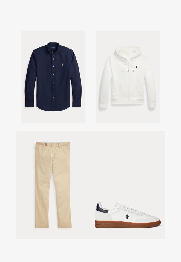 Weißes Kapuzen-Sweatshirt mit Reißverschluss, Fronttaschen und kleinem schwarzem Polo Ralph Lauren Logo auf der linken Brust.; Marineblaues langärmliges Hemd mit Knopfleiste, Button-Down-Kragen und kleinem gelben Polo Ralph Lauren Logo auf der linken Brust.; Beige gerade Hose mit Gürtelschlaufen und einem vorderen Reißverschluss, flach auf weißem Hintergrund gelegt.; Weißer Sneaker mit niedrigem Schaft, brauner Sohle, schwarzem Fersenpatch, besticktem Polo-Spieler-Logo und weißen Schnürsenkeln.