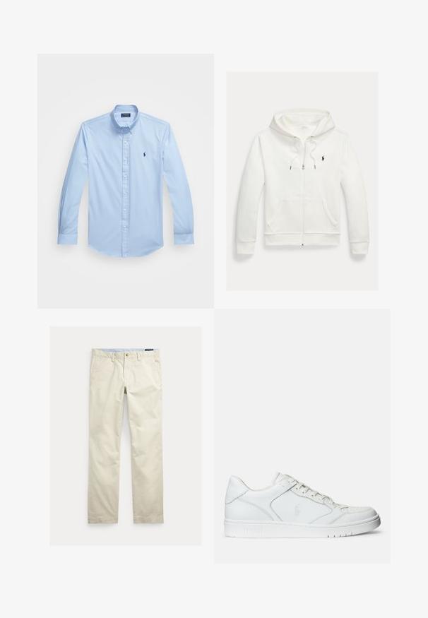 Valge lukuga kapuutsiga dressipluus esistaskute ja vasakul rinnal oleva väikese musta Polo Ralph Laureni logoga.; Hele sinine nööpidega särk, mis on valmistatud puuvillast, pikkade varrukatega, terava kraega ja vasakul rinna piirkonnas tikandiga logo. Tasane eesmine disain.; Beežid sirge säärega puuvillased püksid vööaasade, eesnupu, luku ja küljetaskutega.; Valged nahast spordijalatsid siledast materjalist, millel on ventilatsiooniga varvas, paelad ja kõrvale brodeeritud logo. Valge kummitald.