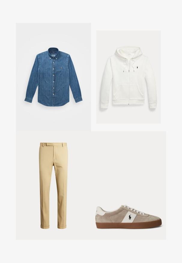 Valkoinen vetoketjullinen huppari, jossa etutaskut ja pieni musta Polo Ralph Lauren -logo vasemmassa rinnassa.; Denim-paita, jossa on pitkät hihat, nappikaulus ja hienovarainen pystyraitakuositus, keskitummansinisessä värissä logoteemalla.; Miesten beige räätälöidyt housut vyölenkeillä ja käännetyillä lahkeilla, esillä yksinkertaisella vaalealla taustalla.; Beigen värinen mokkanahkainen matalan mallinen lenkkari, jossa valkoiset kengännauhat, valkoinen nahkakoristelu mustalla hevosen logolla ja ruskea kumipohja.