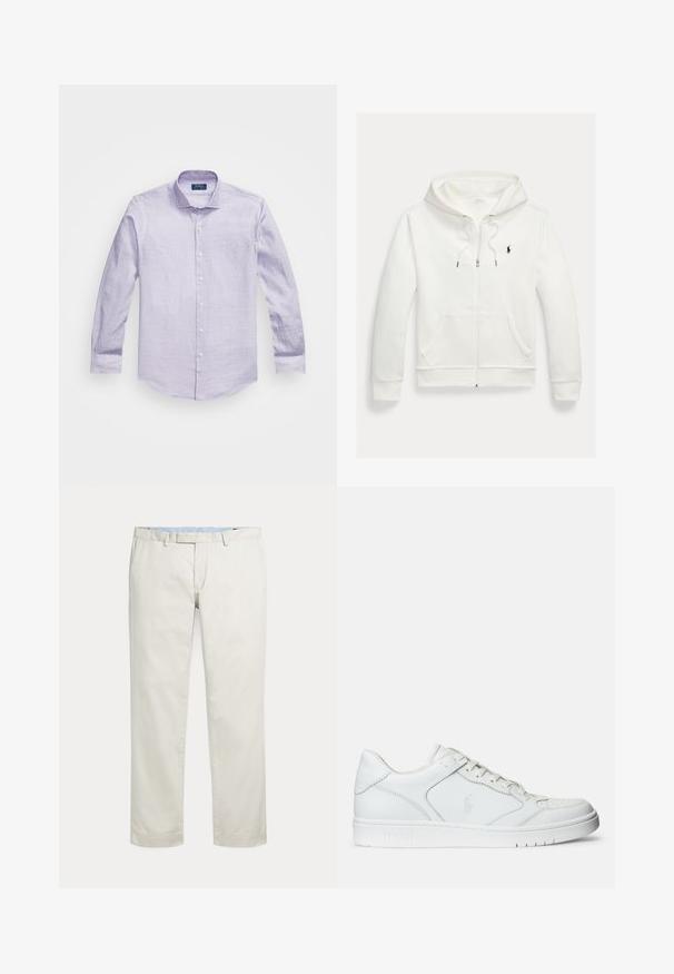 Valge lukuga kapuutsiga dressipluus esistaskute ja vasakul rinnal oleva väikese musta Polo Ralph Laureni logoga.; Heled lilla pikkade varrukatega särk, millel on õrn muster, nööpidega krae ja valged nupud nööpide rida pidi. Pehme kangastekstuuri.; Kreemikad sirge jalaga püksid, millel on vööaasad ja peidetud eesmine kinnis tasase tausta ees.; Valged nahast spordijalatsid siledast materjalist, millel on ventilatsiooniga varvas, paelad ja kõrvale brodeeritud logo. Valge kummitald.