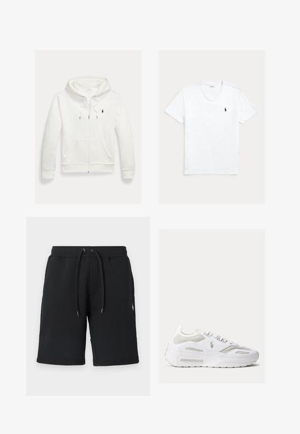 Witte capuchontrui met rits, frontzakken en een klein zwart Polo Ralph Lauren-logo op de linkerborst.; Witte T-shirt met V-hals en korte mouwen, met klein marineblauw Polo Ralph Lauren-logo op de linkerborst, plat weergegeven op een lichte achtergrond.; Zwarte sweatshorts gemaakt van zachte stof, voorzien van een tailleband met trekkoord met metalen uiteinden en een klein logo op het been. Gladde textuur, ontworpen voor comfort.; Witte lage sneaker met mesh-panelen, veters en Ralph Lauren-logo aan de zijkant en op de zool, gezien vanaf de buitenkant.
