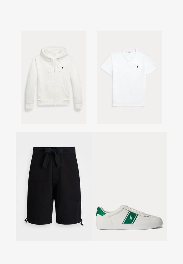 Witte capuchontrui met rits, frontzakken en een klein zwart Polo Ralph Lauren-logo op de linkerborst.; Witte T-shirt met V-hals en korte mouwen, met klein marineblauw Polo Ralph Lauren-logo op de linkerborst, plat weergegeven op een lichte achtergrond.; Zwarte zwemboxers van lichtgewicht stof, voorzien van een trekkoord in de taille en verstelbare details aan de zoom.; Witte lage sneaker met groene streep en Polo-logo aan de zijkant, groene hieltab en witte veters, vanaf de linkerkant getoond op een effen achtergrond.