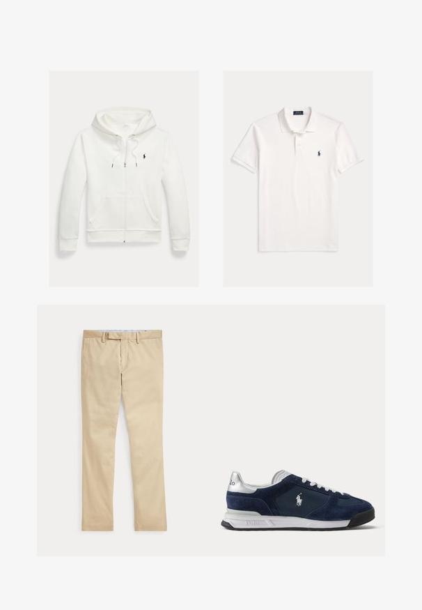 Hvid zip-up hættetrøje med forlommer og lille sort Polo Ralph Lauren logo på venstre bryst.; Hvid kortærmet Polo Ralph Lauren skjorte med krave, to-knaps knaplukning og lille mørkeblå broderet hestelogo på venstre bryst.; Beige bukser med lige ben, bæltestropper og frontlynlås, lagt fladt mod en hvid baggrund.; Herre Polo sneaker i navyblå og hvid med ruskind og mesh paneler, hvide snørebånd og Polo-logo på siden og hælen.