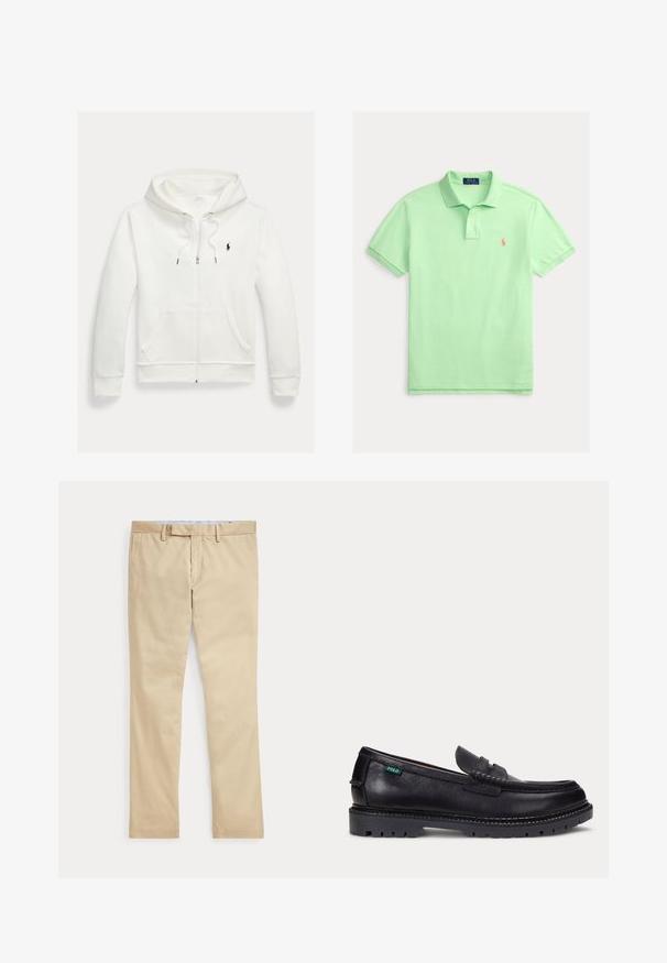 Biela mikina na zips s kapucňou, s prednými vreckami a malým čiernym logom Polo Ralph Lauren na ľavej strane hrudníka.; Polo tričko z ľahkej zelenej bavlny s klasickým golierom, krátkymi rukávmi a malým oranžovým vyšívaným logom na ľavej strane hrudníka.; Béžové nohavice s rovnými nohavicami, s pútkami na opasok a predným zipsom, položené na bielom pozadí.; Čierny kožený mokasín s hrubou drsnou podrážkou a malou zelenou značkou "Polo" na vonkajšej strane pri päte.