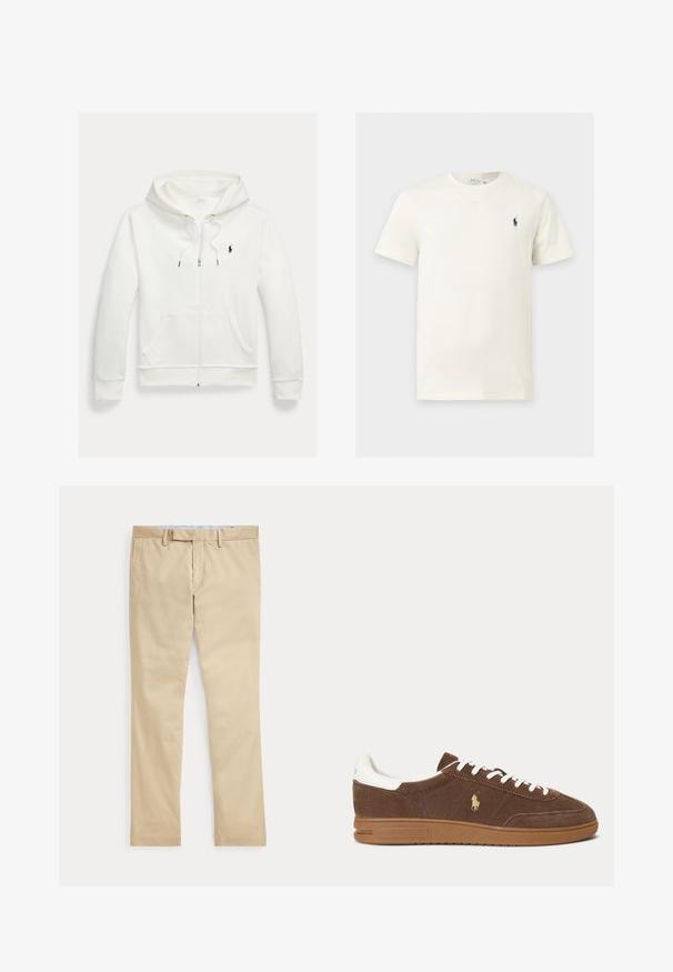 Hvid zip-up hættetrøje med forlommer og lille sort Polo Ralph Lauren logo på venstre bryst.; Hvid T-shirt med korte ærmer og rund hals med lille mørkt logo af en hest og rytter på venstre bryst.; Beige bukser med lige ben, bæltestropper og frontlynlås, lagt fladt mod en hvid baggrund.; Brun ruskind sneaker med hvide snørebånd og hæl, gummisål og gyldent Ralph Lauren hestelogo på siden.