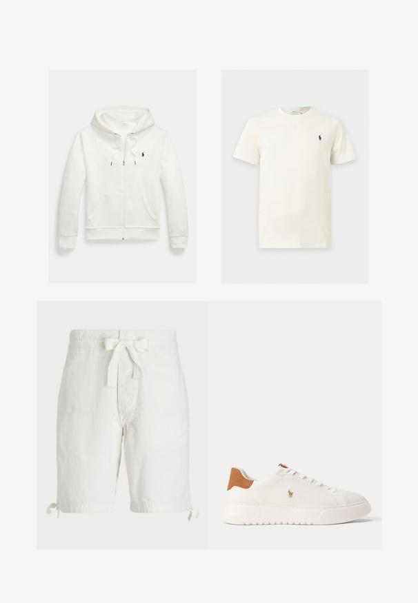 Weißes Kapuzen-Sweatshirt mit Reißverschluss, Fronttaschen und kleinem schwarzem Polo Ralph Lauren Logo auf der linken Brust.; Weißes T-Shirt mit kurzen Ärmeln und Rundhalsausschnitt mit kleinem dunklem Logo eines Pferdes und Reiters auf der linken Brust.; Weiße Baumwollshorts mit einem Kordelzug am Bund, umgeschlagenem Saum mit Bindebändern und flachen Vordertaschen. Glatte, leichte Stofftextur.; Weißer Sneaker mit niedrigem Schaft, beige Fersenlasche, weißen Schnürsenkeln und kleinem, besticktem Polospieler-Logo an der Seite über einer dicken Sohle.