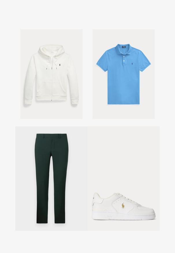 Valge lukuga kapuutsiga dressipluus esistaskute ja vasakul rinnal oleva väikese musta Polo Ralph Laureni logoga.; Hele sinine lühikeste varrukatega polo särk, kahel nupul ja väikese tumedasinise tikitud logoga vasakul rinnal.; Tumed roheline püksid sirge sääre disainiga, valmistatud siledast kangast. Omab lamedat esipaneeli ja standardset vöökohta, millel on vööloopide jaoks augud.; Valged madala säärega nahast tossud valgete nööpide ja külgedel kuldse Polo Ralph Laureni logoga ning "Polo" tallale reljeefselt pressitud.