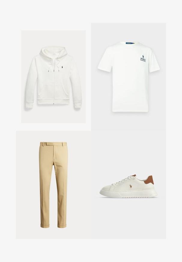Witte capuchontrui met rits, frontzakken en een klein zwart Polo Ralph Lauren-logo op de linkerborst.; Witte katoenen t-shirt met een ronde hals, korte mouwen en een blauw "POLO Ralph Lauren" logo op de linkerkant van de borst.; Beige broek met rechte pijpen, riemlussen, een gulp aan de voorkant en omgeslagen zomen, afgebeeld tegen een effen lichte achtergrond.; Witte lage sneaker met een bruine hieltab, veterluiting aan de voorkant, dikke zool en klein geborduurd paardenlogo aan de zijkant.