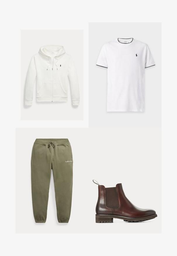 Weißes Kapuzen-Sweatshirt mit Reißverschluss, Fronttaschen und kleinem schwarzem Polo Ralph Lauren Logo auf der linken Brust.; Weißes T-Shirt mit kurzen Ärmeln und schwarzem Besatz an Kragen und Ärmeln, mit kleinem schwarzem Polo Ralph Lauren Logo auf der linken Brust.; Olivgrüne Jogginghose mit elastischem Bund und Bündchen, Kordelzug, Seitentaschen und kleinem Polo Ralph Lauren Logo am linken Oberschenkel.; Brauner Lederchelsea-Stiefel mit elastischem Seitenteil, Zuglasche an der Ferse und grober Gummisohle mit Profil.