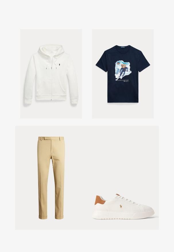 Biela mikina na zips s kapucňou, s prednými vreckami a malým čiernym logom Polo Ralph Lauren na ľavej strane hrudníka.; Tmavomodré bavlnené tričko s grafikou medveďa na lyžiach, ktorý má na očiach okuliare, s vrtuľníkom nad ním a zasneženými horami v pozadí.; Béžové nohavice s rovnými nohavicami, pútkami na opasok, predným zipsom a ohrnutými lemami, zobrazené na jednofarebnom svetlom pozadí.; Biely nízky teniska s béžovou pätovou záložkou, bielymi šnúrkami a malým vyšívaným logom hráča póla na boku nad tlustou podrážkou.