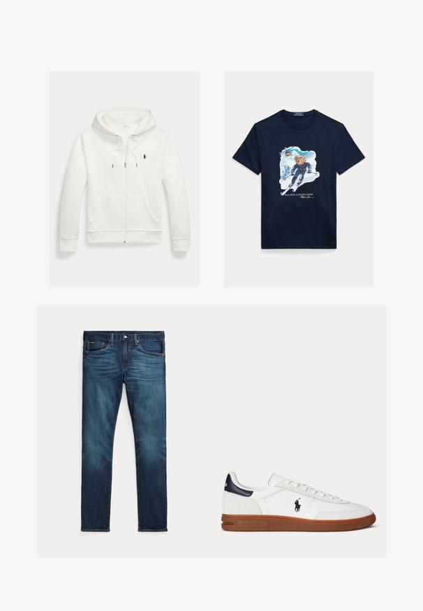 Valge lukuga kapuutsiga dressipluus esistaskute ja vasakul rinnal oleva väikese musta Polo Ralph Laureni logoga.; Tumesinine puuvillane t-särk, millel on kujutatud karu suusatamas, prillidega ja helikopteriga üleval ning lumiste mägede taustal.; Tumesinised kitsad teksad esiküljel nööbi ja tõmblukuga, viie taskuga ning peene tuhmumisega reite ja põlvede eesosas.; Valge madala säärega toss pruuni tallaga, musta kandutükiga, polo mängija tikandiga logoga ja valgete nööridega.