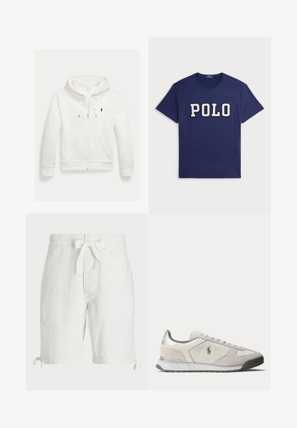 Hvid zip-up hættetrøje med forlommer og lille sort Polo Ralph Lauren logo på venstre bryst.; Mørkeblå t-shirt lavet af bomuld, med et stort "POLO" grafik i hvid, rund halsudskæring og korte ærmer.; Hvide bomuldsshorts med en snøre i taljen, opfoldet kant med snørebånd og flade forlommer. Glat, let stofstruktur.; Lavprofileret hvid og lysegrå sneaker med Polo-logo på siden, snørelukning foran og sølvaccent på hælen.