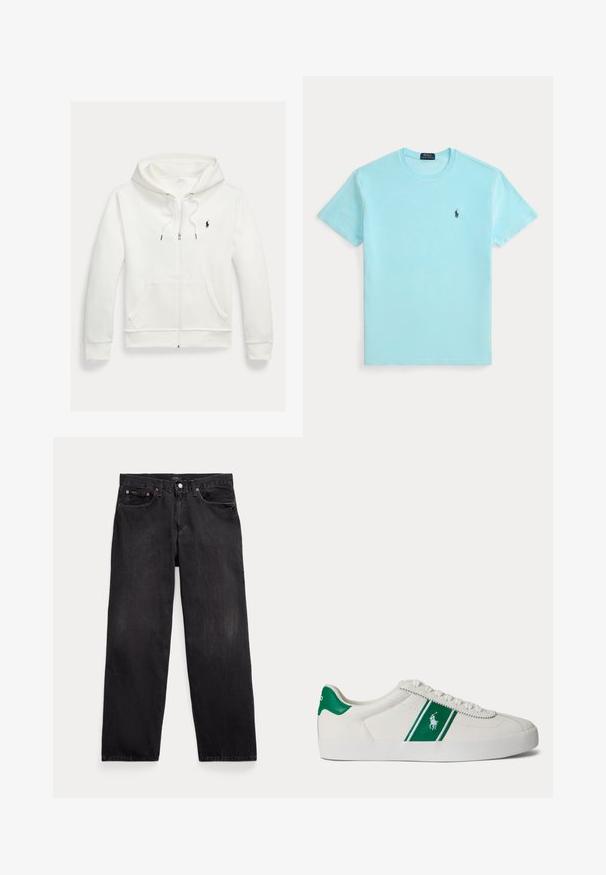 Biela mikina na zips s kapucňou, s prednými vreckami a malým čiernym logom Polo Ralph Lauren na ľavej strane hrudníka.; Svetlomodré tričko s krátkym rukávom a okrúhlym výstrihom s malým tmavým logom hráča póla na ľavej strane hrudníka.; Čierne rifle s rovnými nohavicami, piatimi vreckami, zapínaním na gombíky a viditeľnými kovovými nitmi na predných vreckách.; Biele nízke tenisky s zeleným pruhom a logom Polo na boku, zelený jazyk na päte a biele šnúrky, zobrazené z ľavej strany na jednoduchom pozadí.
