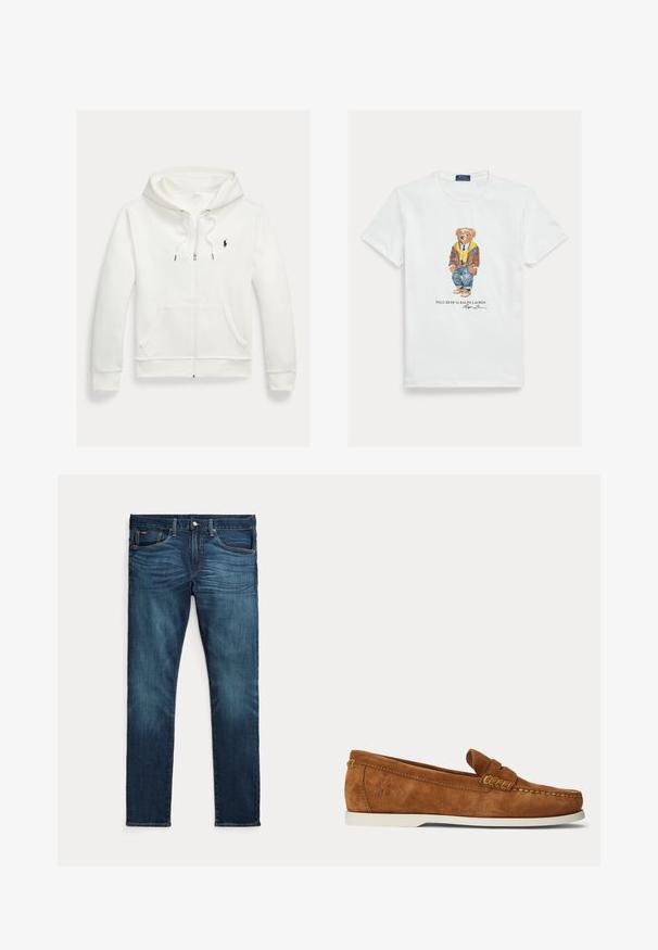 Biela mikina na zips s kapucňou, s prednými vreckami a malým čiernym logom Polo Ralph Lauren na ľavej strane hrudníka.; Biele bavlnené tričko s grafikou oblečeného kresleného medveďa. Výrazné detaily zahŕňajú hnedú bundu, žltú mikinu s kapucňou a modré džínsy.; Tmavomodré slim-fit rifle s predným gombíkom a zipsom, piatimi vreckami a jemným blednutím na predných stehnách a kolenách.; Hnedý semišový loafer s bielou podrážkou, švy v štýle mokasínov a malým vyrazeným logom pri päte na jednofarebnom svetlom pozadí.