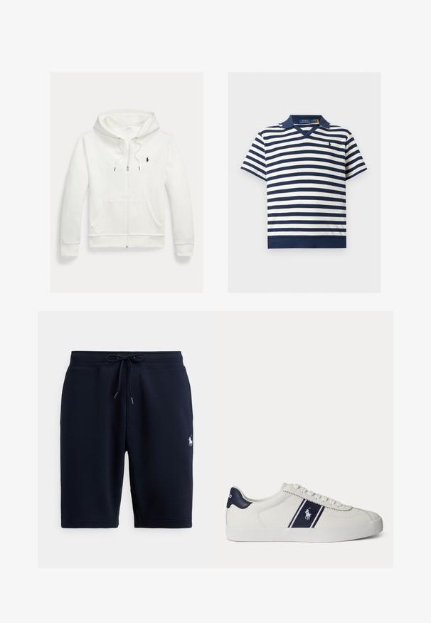 Sweat à capuche blanc zippé avec poches avant et petit logo noir Polo Ralph Lauren sur le côté gauche de la poitrine.; Polo manches courtes bleu marine et blanc à rayures horizontales, avec col et petit logo brodé sur le côté gauche de la poitrine.; Shorts de sport en coton bleu marine avec taille élastique, cordon de serrage et logo sur le côté gauche. Texture lisse, longueur au genou.; Baskets basses blanches avec bande et logo bleu marine sur le côté, languette de talon bleu marine, semelle blanche plate et lacets blancs.
