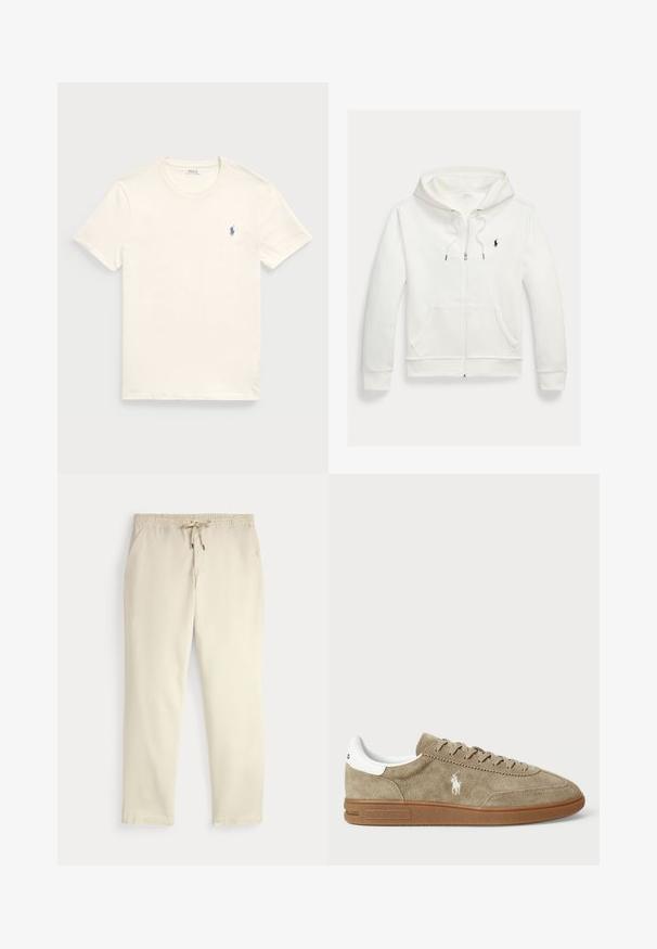 Sudadera blanca con capucha y cremallera, con bolsillos delanteros y pequeño logo negro de Polo Ralph Lauren en el pecho izquierdo.; Camiseta de algodón color crema con cuello redondo y mangas cortas. Presenta un pequeño logo bordado en azul en el lado izquierdo del pecho.; Pantalones casuales color blanco roto con cinturilla elástica y cordón, piernas rectas y bolsillos laterales sobre un fondo liso.; Zapatillas de ante en color marrón con detalles en blanco, punta redonda y diseño con cordones. Presenta un logotipo en relieve y suela de goma para mayor tracción.
