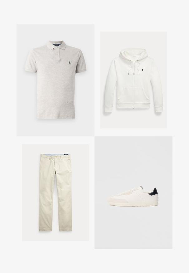 Weißes Kapuzen-Sweatshirt mit Reißverschluss, Fronttaschen und kleinem schwarzem Polo Ralph Lauren Logo auf der linken Brust.; Hellgraues Poloshirt aus Baumwolle mit einem klassischen Kragen, einer Knopfleiste mit zwei Knöpfen, kurzen Ärmeln und einem kleinen grünen Logo auf der Brust.; Beige Baumwollhosen mit geradem Bein, Gürtelschlaufen, vorderem Knopf, Reißverschluss und Seitentaschen.; Weiße Ledersneaker mit Wildlederakzenten, schwarzem Fersenlasche, Schnürdesign, perforierten Details und dezentem Branding an der Seite.