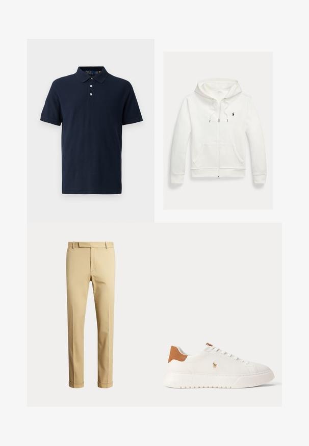 Valge lukuga kapuutsiga dressipluus esistaskute ja vasakul rinnal oleva väikese musta Polo Ralph Laureni logoga.; Tumesine polo särk, millel on krae, lühikesed varrukad, kolme nupuga plack ja kontrastne sisekrae detail. Valmistatud tekstureeritud puuvillakangast.; Meeste beežid mõõdulised püksid vööaasade ja mansettidega, esitatud ühevärvilise heleda tausta ees.; Valged madala säärega tossud, pruun kannaosa, valged paelad ja väike tikandiga polo mängija logo külje peal paksu taldmiku kohal.