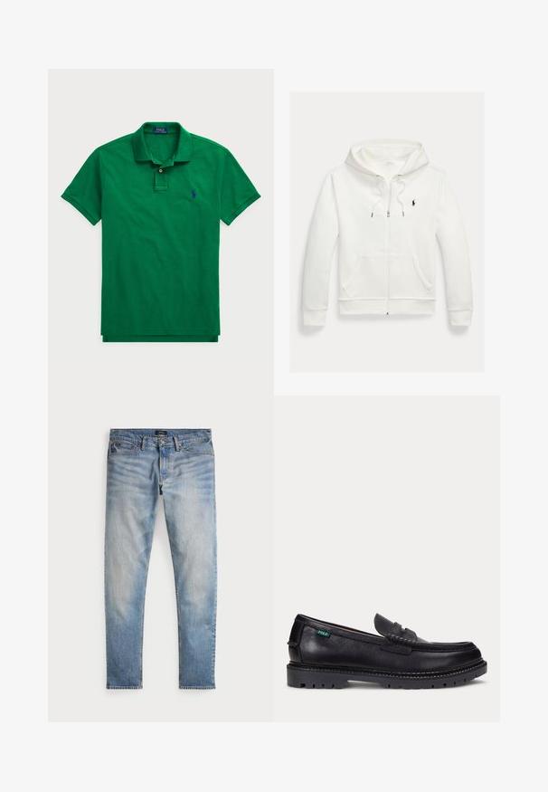 Valge lukuga kapuutsiga dressipluus esistaskute ja vasakul rinnal oleva väikese musta Polo Ralph Laureni logoga.; Roheline polo särgid, mis on valmistatud puuvillast, klassikalise krae, nööbivarruga, lühikeste varrukatega ja sinise tikandiga logo rinnal.; Heledad sinine teksapüksid, tuhm finish, viie tasku disain ja kontrastne õmblus. Omab tõmblukku ja vööauke. Sirge lõige.; Mustast nahast loafer paksu soonelise tallaga ja väike roheline "Polo" silt välisküljel kanna lähedal.