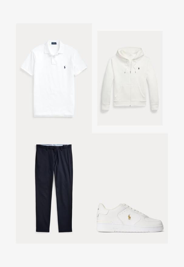 Valge lukuga kapuutsiga dressipluus esistaskute ja vasakul rinnal oleva väikese musta Polo Ralph Laureni logoga.; Valge lühikeste varrukatega polosärk, krae, kahe nupuga plastron ja väike tumesinine logo vasakul rinnal.; Meri sinist värvi meeste pidulikud püksid, millel on vööaasad, luku ette, ja küljetaskud, lamades valgel taustal.; Valged madala säärega nahast tossud valgete nööpide ja külgedel kuldse Polo Ralph Laureni logoga ning "Polo" tallale reljeefselt pressitud.