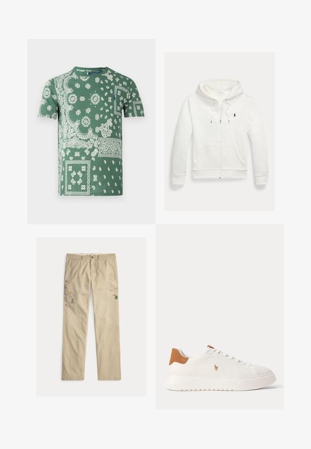 Valge lukuga kapuutsiga dressipluus esistaskute ja vasakul rinnal oleva väikese musta Polo Ralph Laureni logoga.; Roheline puuvillane T-särk, millel on keerukad valged paisley ja lillemustrid, ümmargune kaelus ja lühikesed varrukad.; Beežid puuvillased püksid, millel on tikitud graafika, sealhulgas puud ja mäed, nööbikinnitus ja vööaasad.; Valged madala säärega tossud, pruun kannaosa, valged paelad ja väike tikandiga polo mängija logo külje peal paksu taldmiku kohal.