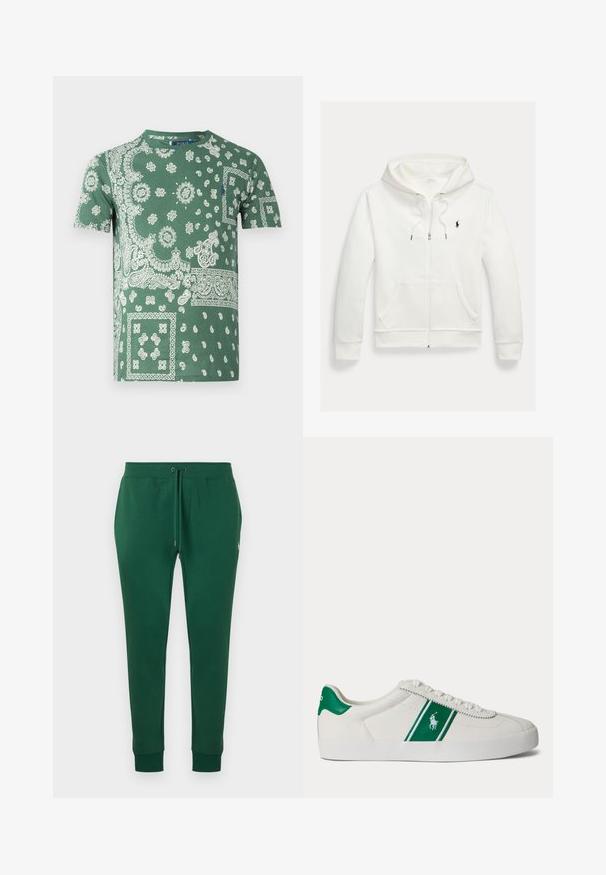 Weißes Kapuzen-Sweatshirt mit Reißverschluss, Fronttaschen und kleinem schwarzem Polo Ralph Lauren Logo auf der linken Brust.; Grünes Baumwoll-T-Shirt mit detaillierten weißen Paisley- und Blumenmustern, Rundhalsausschnitt und kurzen Ärmeln.; Dunkelgrüne Jogginghose mit Kordelzug in der Taille, Seitentaschen, Bündchen an den Knöcheln und kleinem weiß besticktem Logo auf der rechten Hüfte.; Weißer Sneaker in Low-Top-Form mit grünem Streifen und Polo-Logo an der Seite, grünem Fersenlaschen und weißen Schnürsenkeln, von der linken Seite vor neutralem Hintergrund dargestellt.