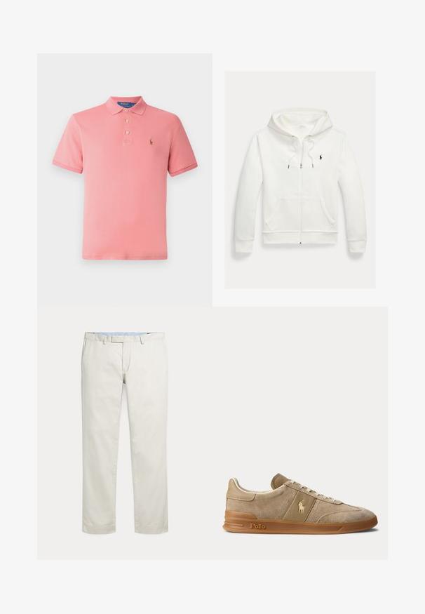 Valge lukuga kapuutsiga dressipluus esistaskute ja vasakul rinnal oleva väikese musta Polo Ralph Laureni logoga.; Roosa polo särk, mis on valmistatud puuvillast. Omab klassikalist kraed, kolme nupuga paelust ja tikitud logo vasakul rinnal. Lühikesed varrukad.; Kreemikad sirge jalaga püksid, millel on vööaasad ja peidetud eesmine kinnis tasase tausta ees.; Beež color veluurist ja nahast madala säärega toss kummikõrrega, valgete paelte ja Polo logoga küljel ning tallal.