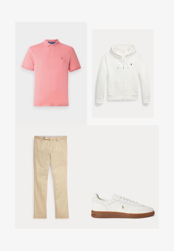 Biela mikina na zips s kapucňou, s prednými vreckami a malým čiernym logom Polo Ralph Lauren na ľavej strane hrudníka.; Ružový polo tričko vyrobené z bavlny. Má klasický golier, zapínanie na tri gombíky a vyšitý logo na ľavej strane hrude. Krátke rukávy.; Béžové nohavice s rovnými nohavicami, s pútkami na opasok a predným zipsom, položené na bielom pozadí.; Biele nízke tenisky s hnedou podrážkou, šnurovaním vpredu a malým zlatým logom Polo Ralph Lauren na boku.