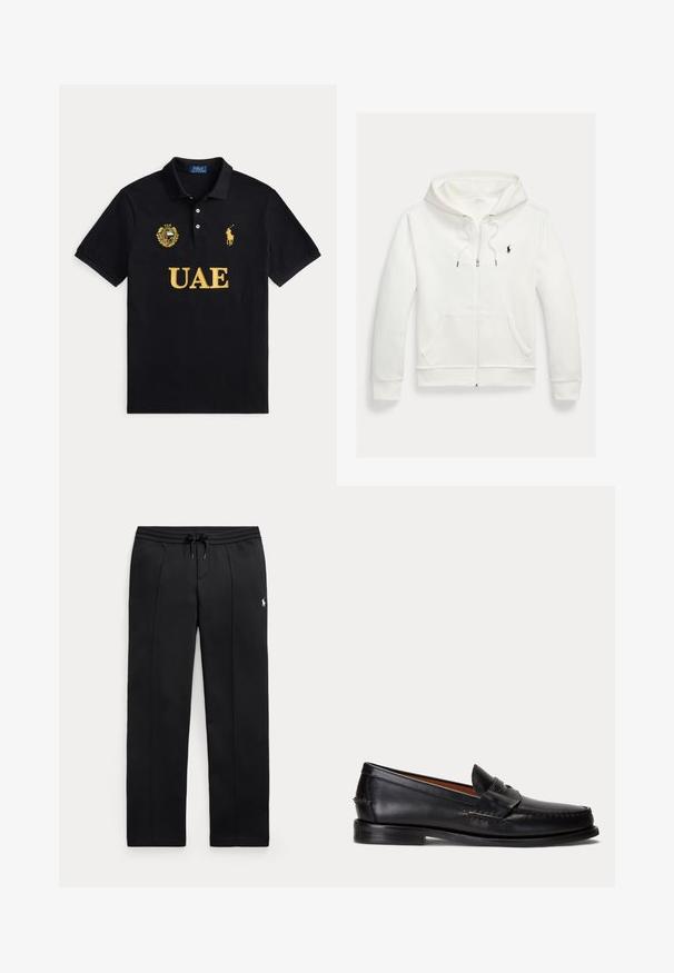Sweat à capuche blanc zippé avec poches avant et petit logo noir Polo Ralph Lauren sur le côté gauche de la poitrine.; Polo noir avec texte jaune UAE, emblème UAE sur la poitrine gauche et logo joueur de polo Ralph Lauren jaune sur la poitrine droite.; Pantalon de survêtement noir à jambes droites avec taille à cordon et petit logo blanc sur la cuisse gauche, présenté à plat sur un fond clair.; Mocassin en cuir noir avec un petit talon et une bride penny, vu de côté sur un fond gris clair.