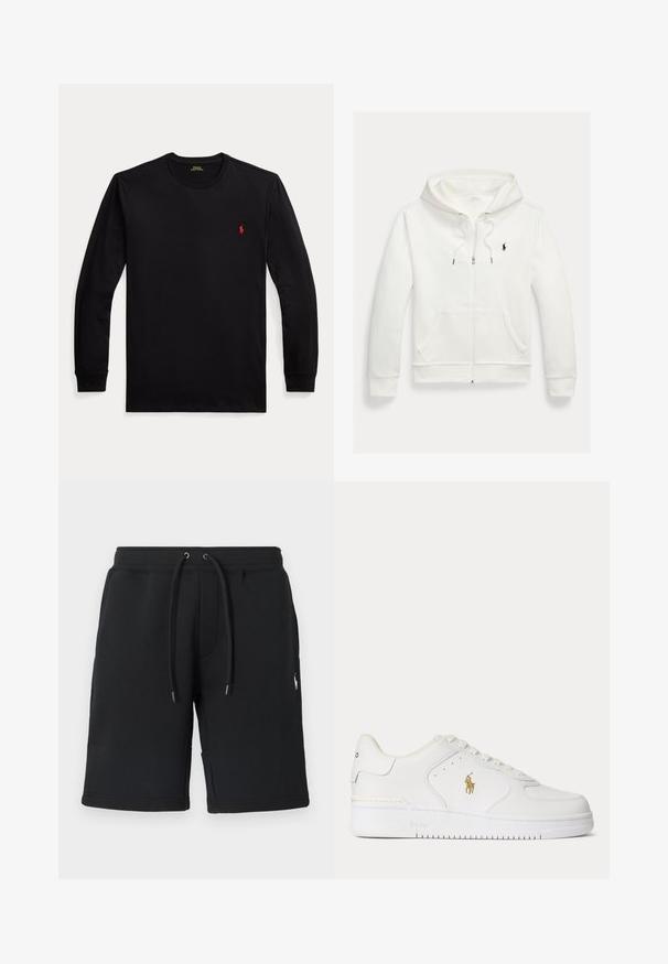 Hvid zip-up hættetrøje med forlommer og lille sort Polo Ralph Lauren logo på venstre bryst.; Sort langærmet T-shirt med rund halsudskæring, med lille rødt broderet logo på venstre bryst og ribstrikkede manchetter.; Sorte sweatshorts lavet af blødt stof, med snøre i taljen med metalender og en lille logo på benet. Glat tekstur, designet til komfort.; Hvid lavtopet lædersneaker med hvide snørebånd og et gyldent Polo Ralph Lauren-logo på siden samt "Polo" præget på sålen.