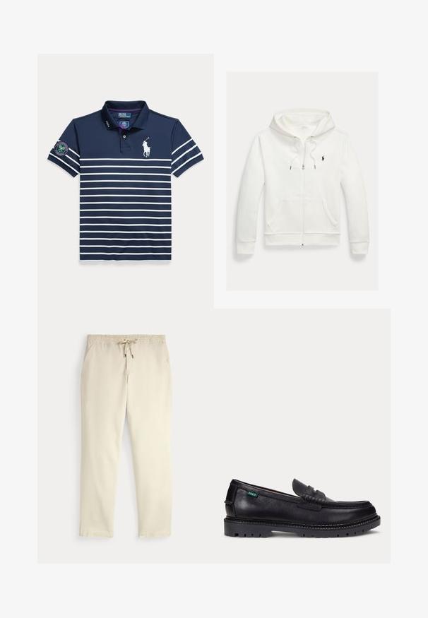 Valkoinen vetoketjullinen huppari, jossa etutaskut ja pieni musta Polo Ralph Lauren -logo vasemmassa rinnassa.; Laivastonsininen poolopaita, jossa valkoiset vaakaraitoja, Ralph Laurenin logo, Wimbledonin merkki hihassa ja "2024" painettuna kauluksella.; Valkoiset rento housut, joissa on joustava vyötärö ja nyörikiristys, suorat lahkeet ja sivutaskut yksinkertaista taustaa vasten.; Musta nahkainen loafer, jossa paksu uritettu pohja ja pieni vihreä "Polo"-lippu ulkoreunassa lähellä kantapäätä.