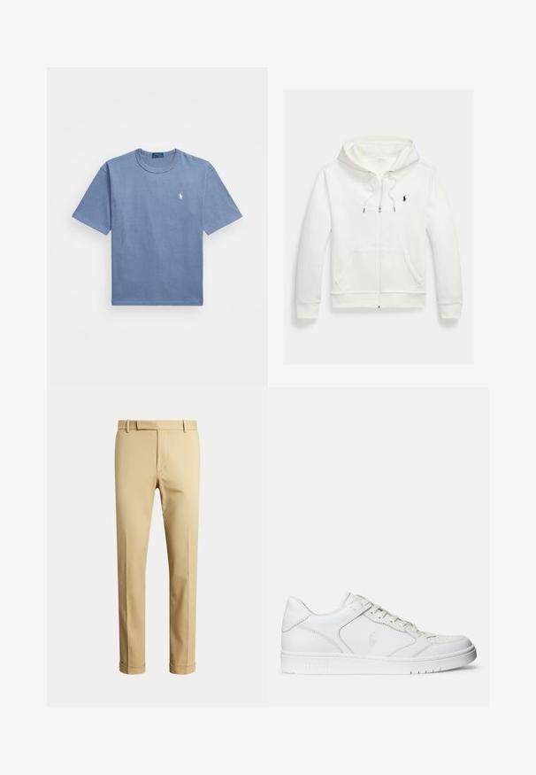 Valge lukuga kapuutsiga dressipluus esistaskute ja vasakul rinnal oleva väikese musta Polo Ralph Laureni logoga.; Sinine puuvillane T-särk lühikeste varrukatega, ümar kaelus ja valge tikandiga logo vasakul rinnal. Sile tekstuur, juhuslik disain.; Beežid sirge säärega püksid koos vöölõhede, esisuletise ja ülespööratud säärega, näidatud ühtlasel heledal taustal.; Valged nahast spordijalatsid siledast materjalist, millel on ventilatsiooniga varvas, paelad ja kõrvale brodeeritud logo. Valge kummitald.