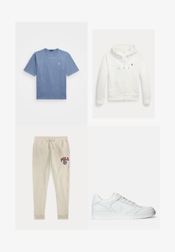 Weißes Kapuzen-Sweatshirt mit Reißverschluss, Fronttaschen und kleinem schwarzem Polo Ralph Lauren Logo auf der linken Brust.; Blaues Baumwoll-T-Shirt mit kurzen Ärmeln, Rundhalsausschnitt und einem weißen bestickten Logo auf der linken Brust. Glatte Textur, lässiges Design.; Beige Sweathose mit Kordelzug und Seitentaschen sowie rotem "POLO"-Logo und Emblem am oberen linken Oberschenkel.; Weißer Ledersneaker mit glatter Textur, ausgestattet mit einer perforierten Zehenpartie, Schnürverschluss und gesticktem Logo an der Seite. Weiße Gummisohle.
