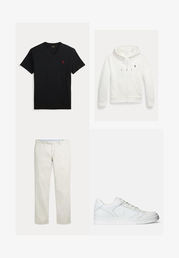 Biela mikina na zips s kapucňou, s prednými vreckami a malým čiernym logom Polo Ralph Lauren na ľavej strane hrudníka.; Čierne tričko s výstrihom do V a krátkym rukávom s malým červeným logom Polo Ralph Lauren na ľavej strane hrudníka.; Krémové nohavice s rovnými nohavicami, s pútkami na opasok a skrytým predným zapínaním na jednoduchom pozadí.; Biele kožené tenisky s hladkým povrchom, obsahujúce perforovanú špičku, šnúrkové uzatvorenie a vyšívané logo na boku. Biela gumová podrážka.