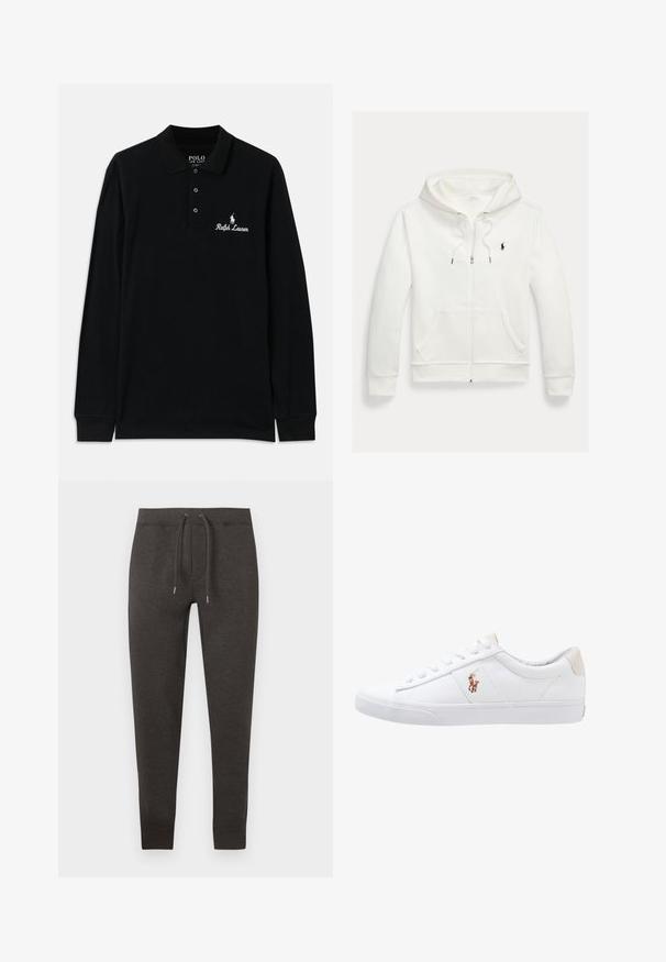 Biela mikina na zips s kapucňou, s prednými vreckami a malým čiernym logom Polo Ralph Lauren na ľavej strane hrudníka.; Čierna polo košeľa s dlhým rukávom vyrobená z bavlny, s rebrovaným golierom, trojiteľovým zapínaním na gombíky a bielou výšivkou loga "Ralph Lauren".; Tmavomodré tepláky z mäkkého materiálu, s elastickým pásom na šnúrku, zužujúcimi sa nohavicami a manžetami pri členkoch.; Biele plátenné tenisky s nízkym strihom, ktoré majú béžový opasok na päte a malé vyšívané logo na boku. Gumová podrážka.