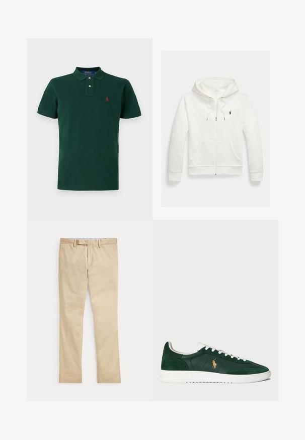 Valge lukuga kapuutsiga dressipluus esistaskute ja vasakul rinnal oleva väikese musta Polo Ralph Laureni logoga.; Tume roheline lühikeste varrukatega polosärk kraega, kahe nööbiga ja vasakul rinnal väikese punase tikitud logoga.; Beeži sirgete säärega püksid vööaasade ja ees oleva tõmblukuga, laotatud tasaselt valgele taustale.; Roheline nobed suede ja nahast tossud valge kummist tallaga, millel on küljes kuldne logo ja valged paelad. Klassikaline madala lõikega disain.