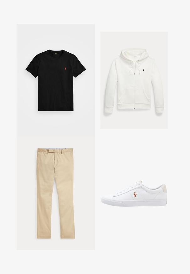 Valge lukuga kapuutsiga dressipluus esistaskute ja vasakul rinnal oleva väikese musta Polo Ralph Laureni logoga.; Must värvi puuvillane T-särk ümarate kaelustega, lühikeste varrukatega ja vasakul rinnal väikese punase tikitud logoga. Sile tekstuur, klassikaline lõige.; Beeži sirgete säärega püksid vööaasade ja ees oleva tõmblukuga, laotatud tasaselt valgele taustale.; Valge kanvasest tennis, madala lõikega disain, millel on beež kontsapink ja väike tikitud logo küljel. Kummi välissole.