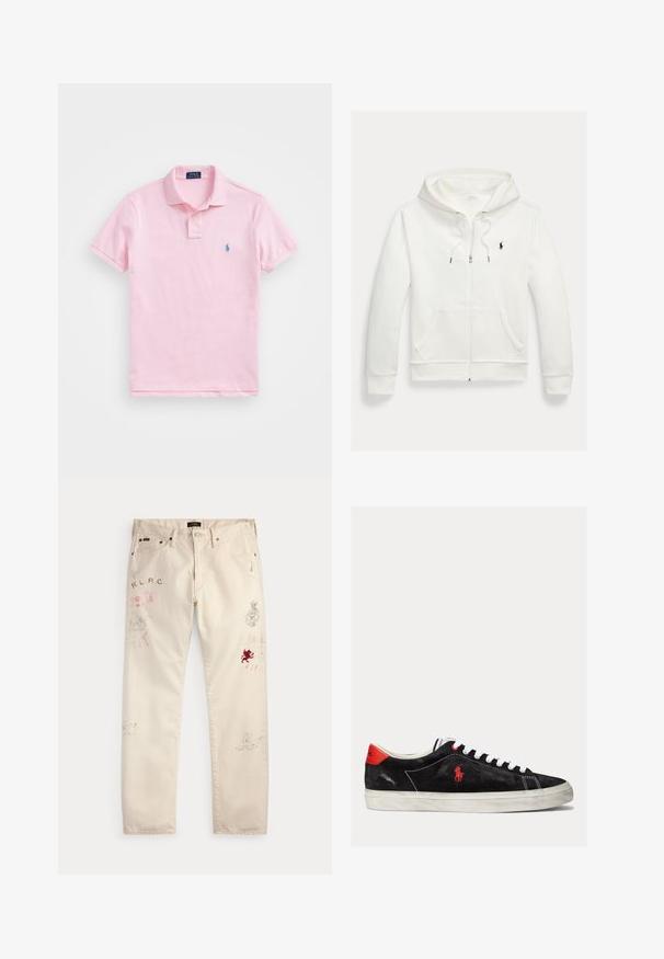 Biela mikina na zips s kapucňou, s prednými vreckami a malým čiernym logom Polo Ralph Lauren na ľavej strane hrudníka.; Svetloružové polo tričko s krátkym rukávom, golierom s gombíkmi a malým modrým vyšívaným logom na ľavej strane hrude.; Béžové nohavice s prednými vreckami a pútkami na opasok s vyblednutými červenými a čiernymi grafickými potlačami a textovými motívmi na oboch nohách.; Čierne semišové tenisky s bielymi šnúrkami, červenými akcentmi na päte a malým červeným logom. Obsahujú plochú gumovú podrážku a jednoduché prešívanie.