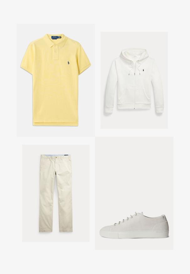 Biela mikina na zips s kapucňou, s prednými vreckami a malým čiernym logom Polo Ralph Lauren na ľavej strane hrudníka.; Žlté polo tričko vyrobené z bavlny, s klasickým golierom, trojicitlivým zapínaním, krátkymi rukávmi a vyšitým logom na hrudi.; Béžové bavlnené nohavice s rovnými nohavicami, opaskové pútká, predné zapínanie na gombík, zips a bočné vrecká.; Biely nízky semišový teniska so šnurovaním vpredu a gumovou podrážkou, minimalistický dizajn.