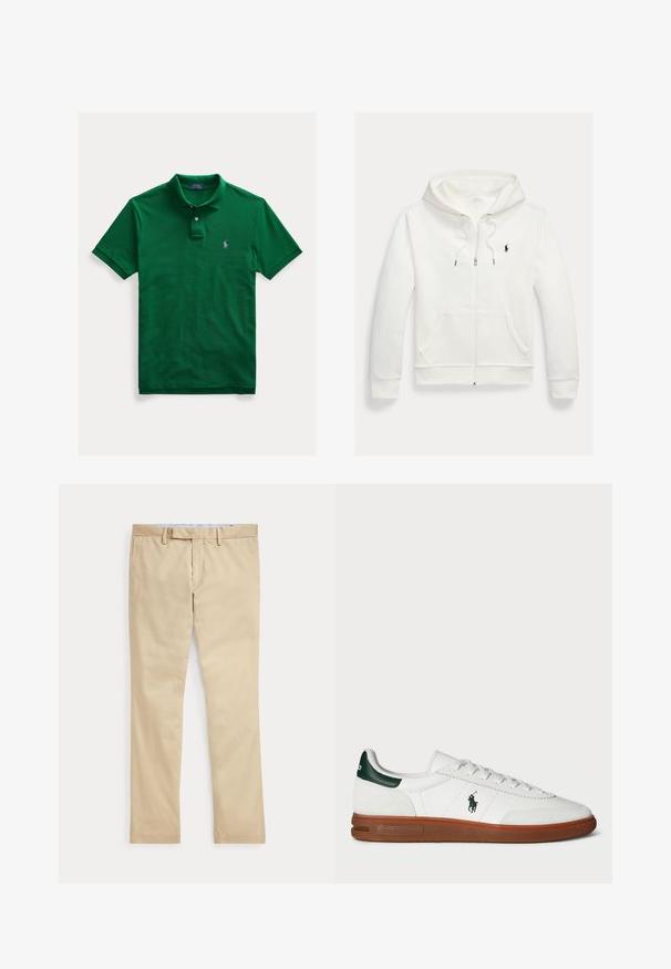 Valge lukuga kapuutsiga dressipluus esistaskute ja vasakul rinnal oleva väikese musta Polo Ralph Laureni logoga.; Roheline lühikeste varrukatega polosärk, kahe nööbi ja vasakul rinnal väikese lilla tikitud logoga.; Beeži sirgete säärega püksid vööaasade ja ees oleva tõmblukuga, laotatud tasaselt valgele taustale.; Valge nahast tenniseking rohelise kandmises rõhuasetusega, tekstuuriga sametpaneel, kummist tallad ja tikitud logo küljes. Omab paelaga kinnitust.