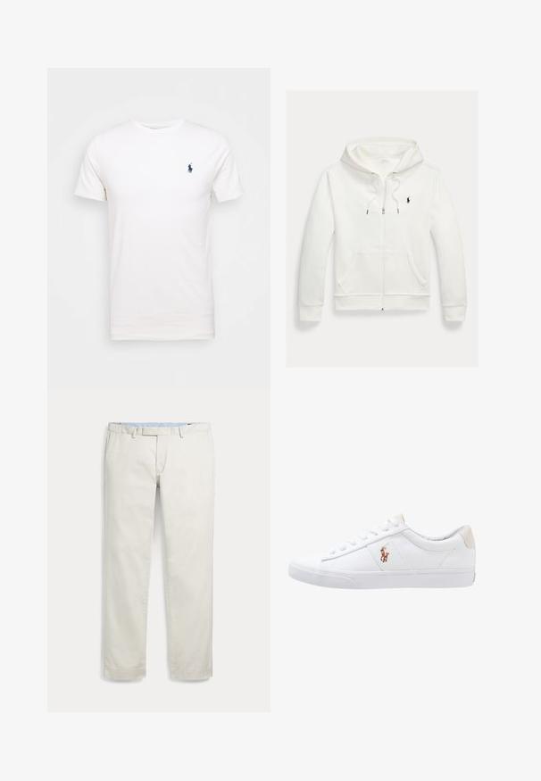 Hvid zip-up hættetrøje med forlommer og lille sort Polo Ralph Lauren logo på venstre bryst.; Hvid bomulds t-shirt med rund hals. Har et lille mørkeblå logo på venstre bryst. Korte ærmer, glat tekstur.; Lyse beige herre bukser med lige ben, bæltestropper og sidelommer, vist fladt på en hvid baggrund.; Hvide kanvas sneakers med lågtop design, prydet med en beige hælkappe og et lille broderet logo på siden. Gummisål.